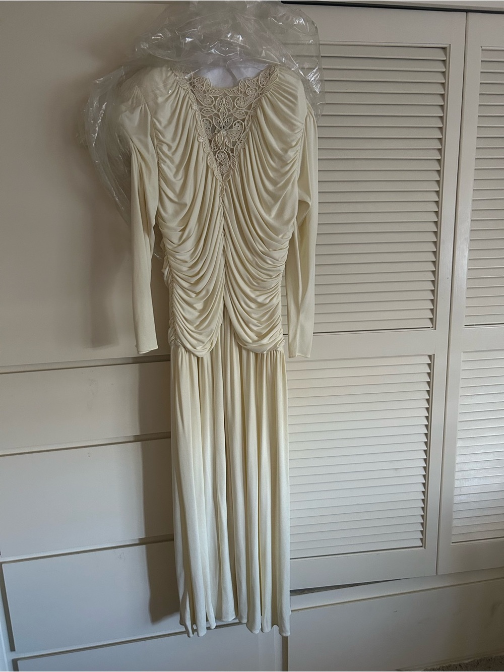 Cream Ruched Maxi Dress with Lace Yoke
